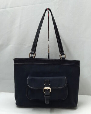 Dooney & Bourke Dark Blue Canvas DB Printed Buckle Pocket Zipper Tote Bag